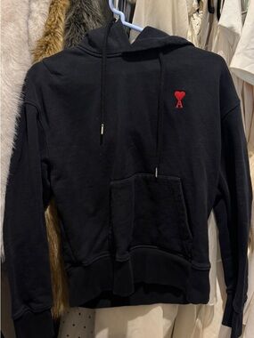 Ami Black WOMEN's Zip-Up Hoodie with Red Heart 'A' Logo